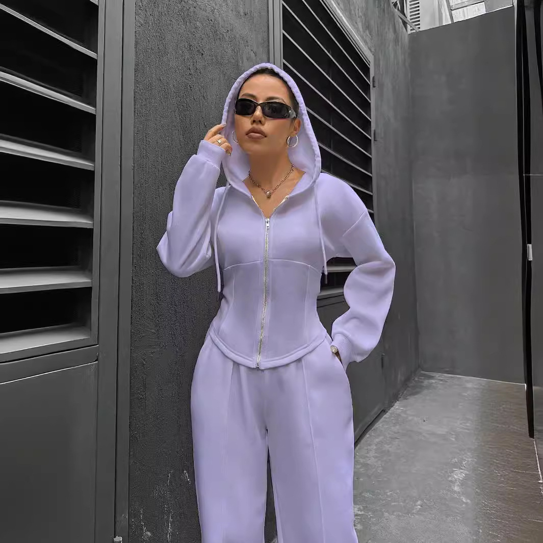 Women's Two-Piece Hooded Zip Cardigan and Pants Set Slim Fit