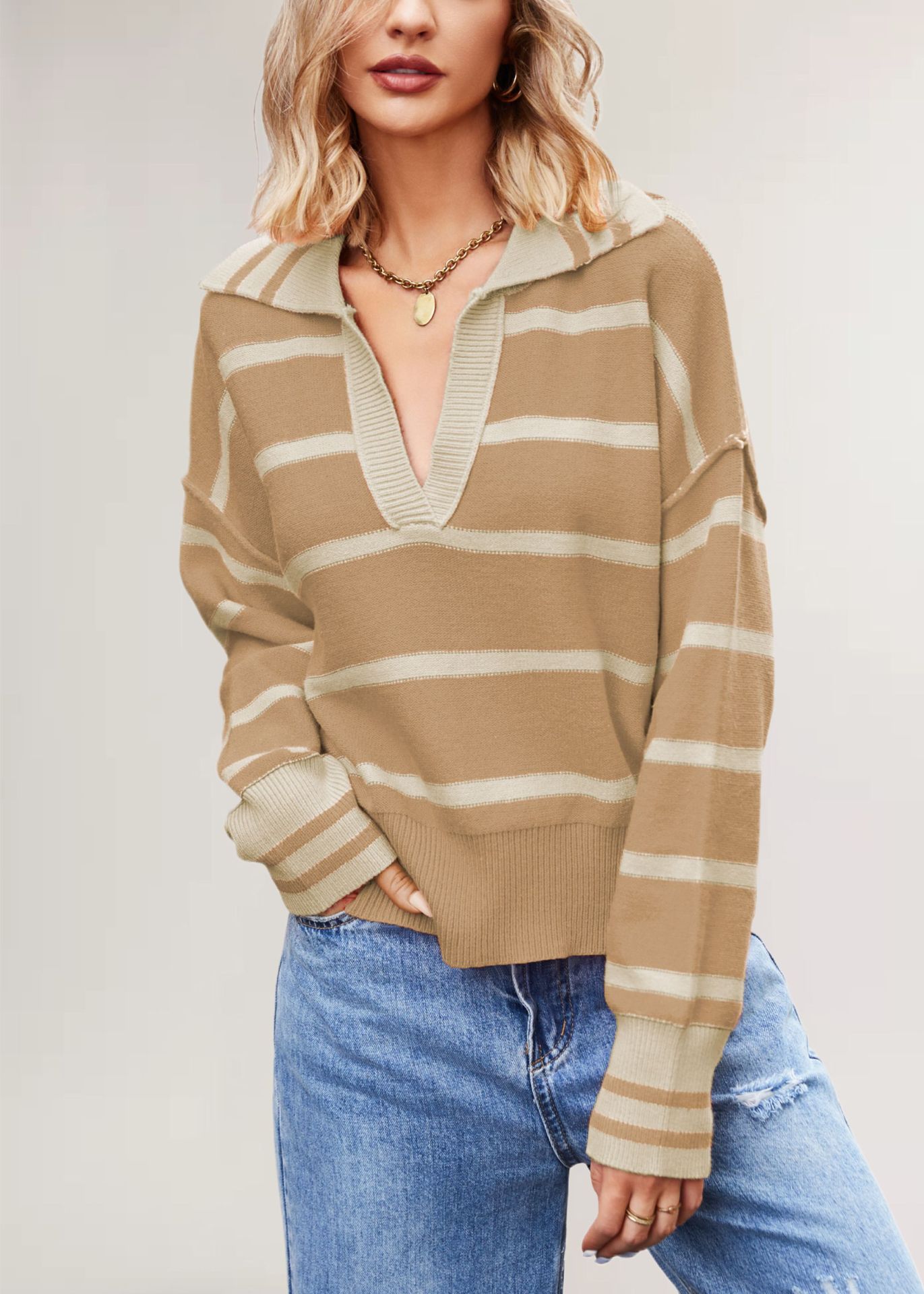 V-Neck Striped Colorblock Loose Knit Sweater