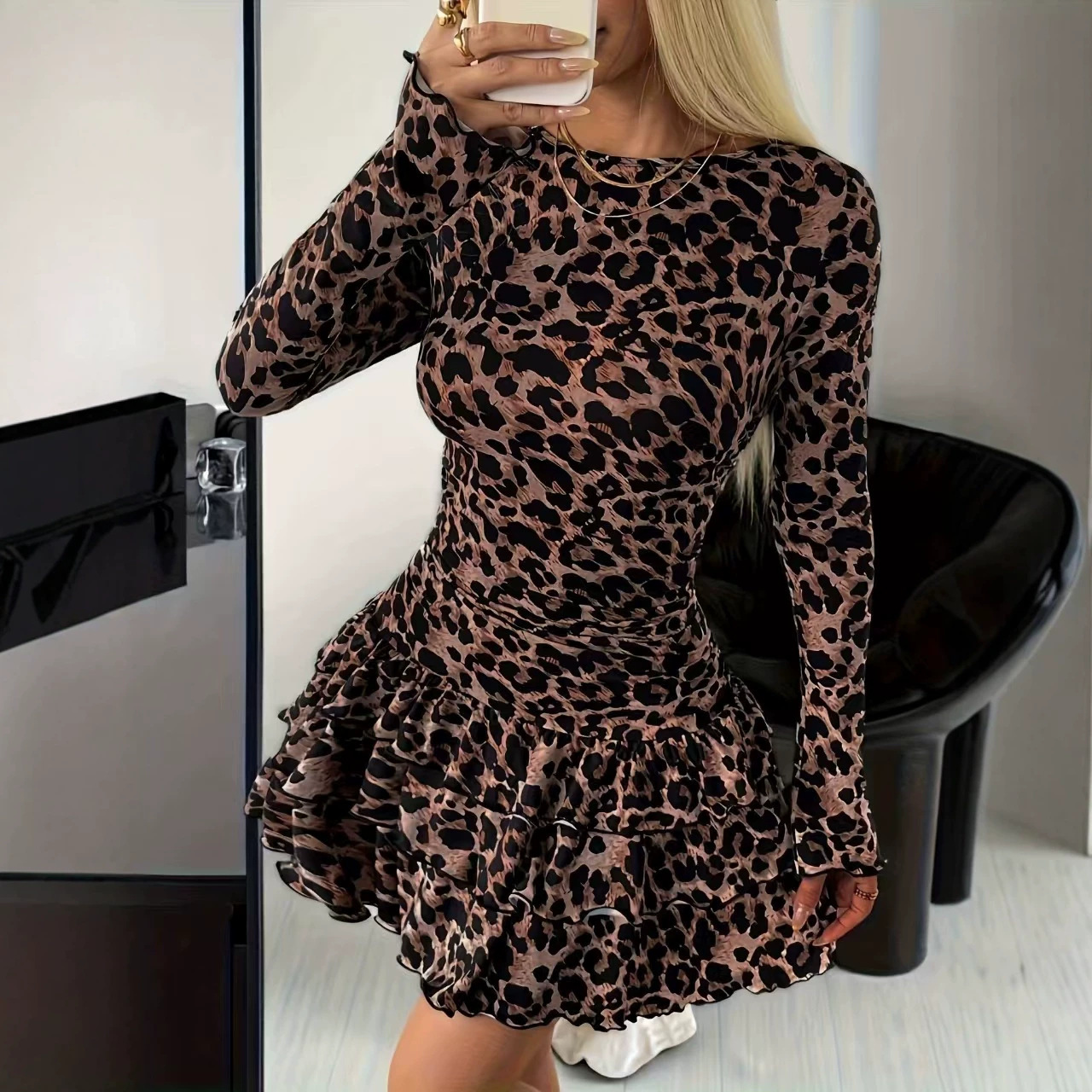 Women's Printed Long Sleeve Ruffle Hem Mini Dress