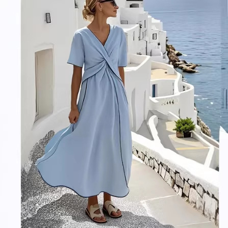 Women's V-Neck Short Sleeve Pleated Maxi Dress
