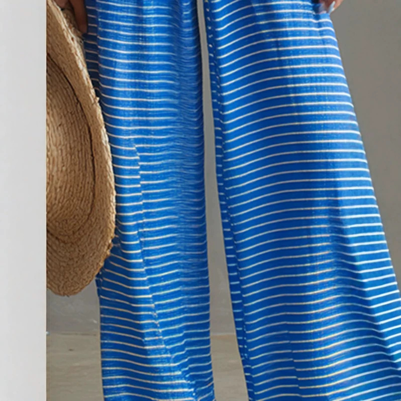 Blue Striped Off-Shoulder Top and Wide-Leg Pants Set