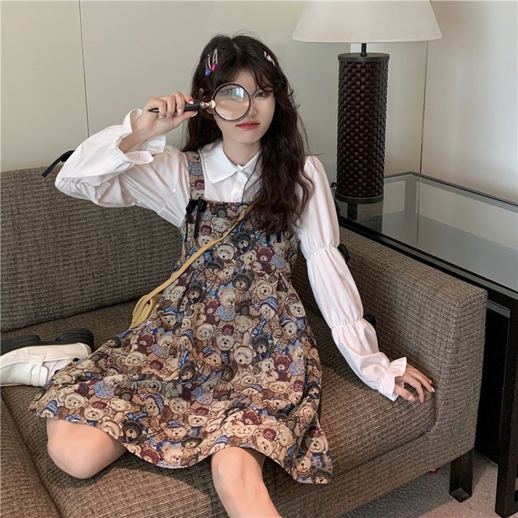 Sweet Bow Long-Sleeve Shirt Dress with Bear Print and Faux Two-Piece Suspender Skirt