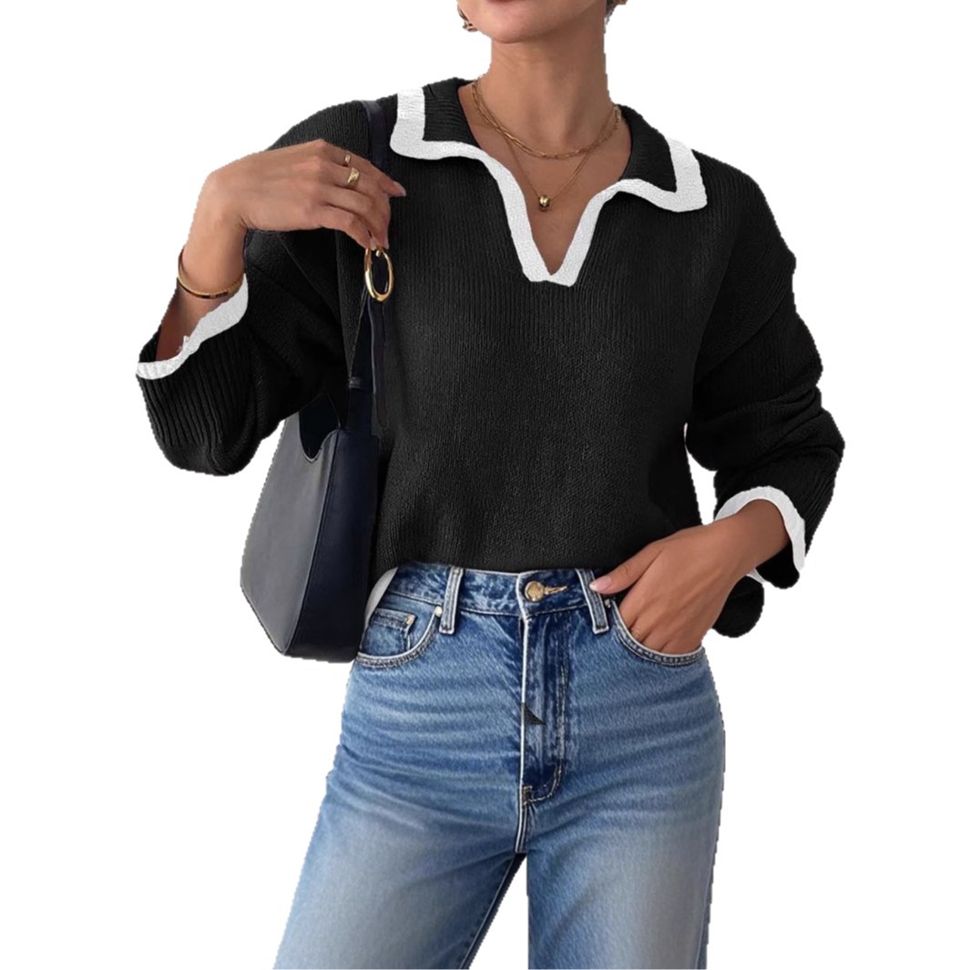 Women's Color-Block Polo Collar Pullover Sweater