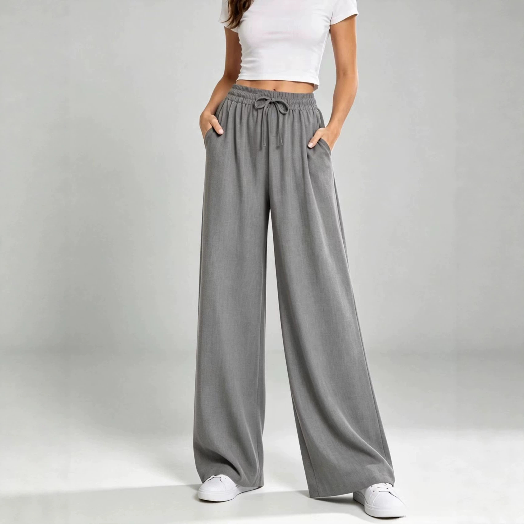 Drawstring High-Waist Straight-Leg Wide-Leg Pants for Women Solid Color