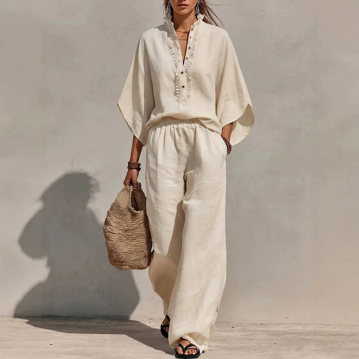 Women's Solid Color Stand Collar 3/4 Sleeve Loose Top and High Waist Wide Leg Pants Cotton Linen Casual Set