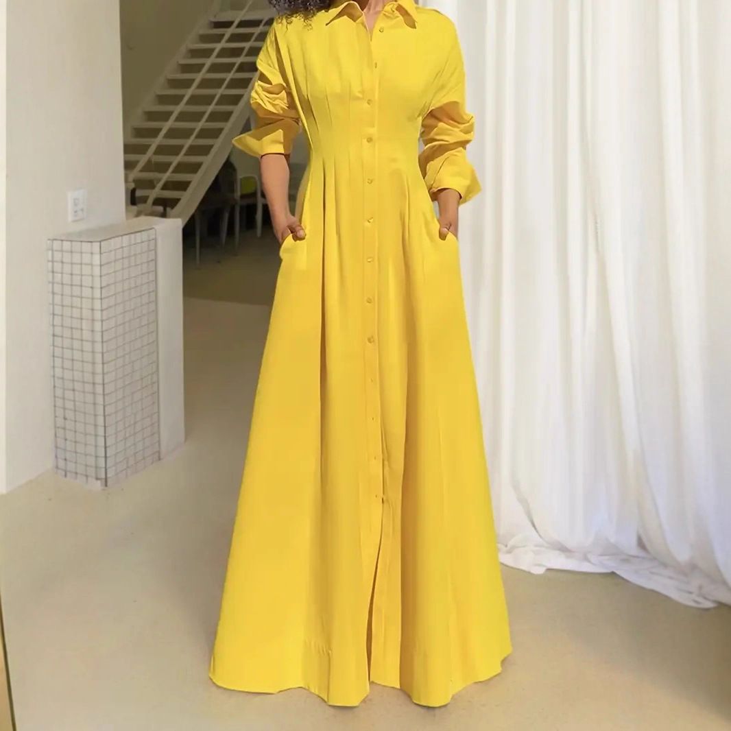 Elegant Loose Single-Breasted Slit Shirt Dress Long Dress