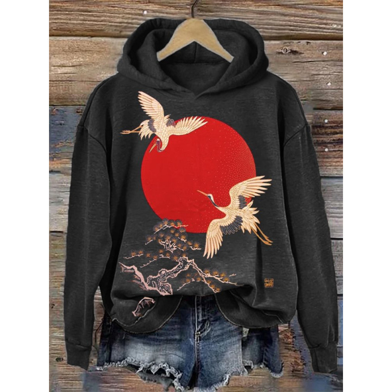 Japanese Cherry Blossom Print Loose Crewneck Sweatshirt