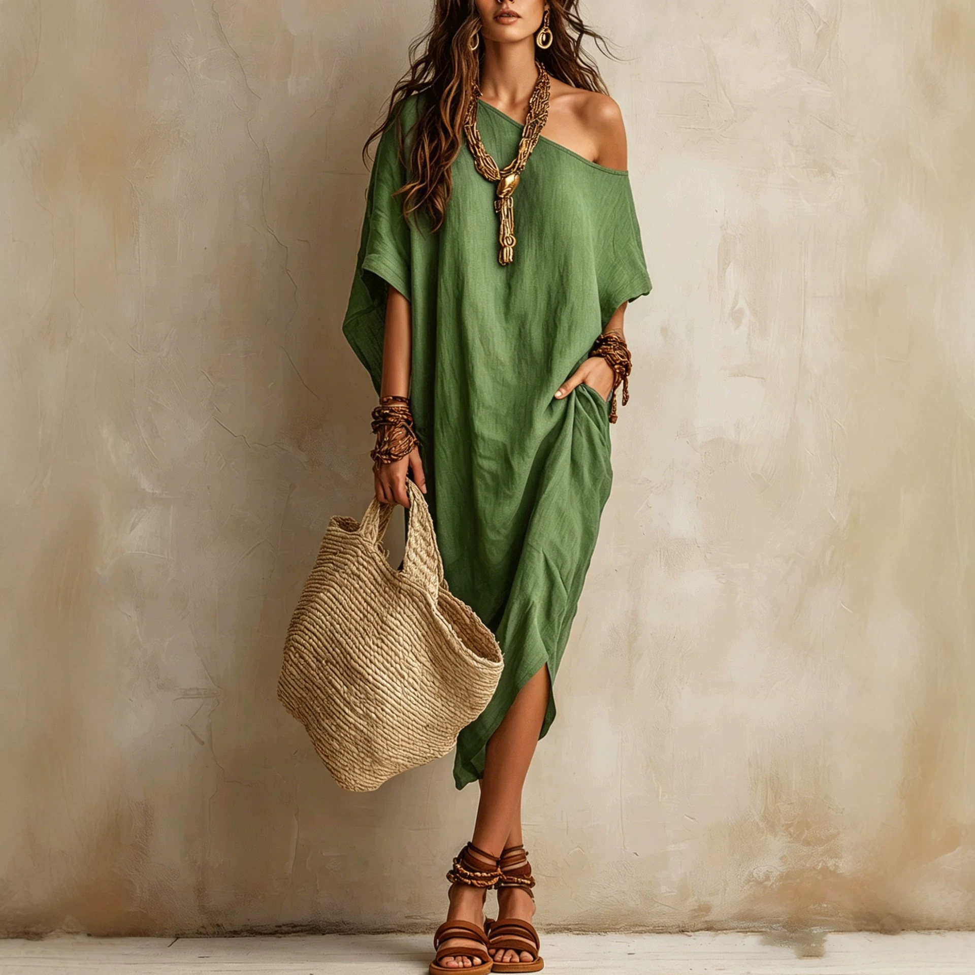 Women's One-Shoulder Cotton-Linen Blend Midi Dress with Batwing Sleeves and Slit