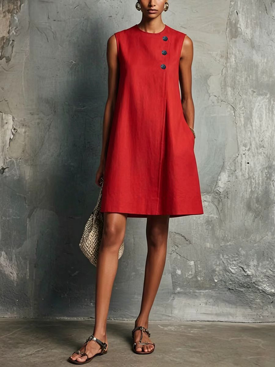 Minimalist Crewneck Sleeveless Dress with Asymmetric Buttons and Side Pockets