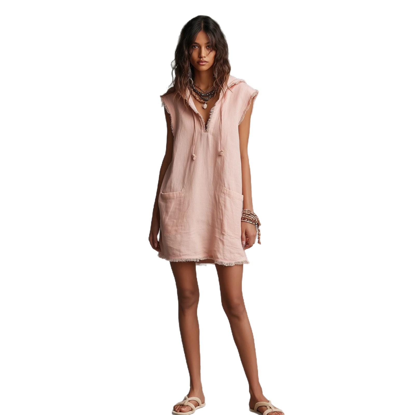 Women's V-Neck Linen Blend Mini Dress with Hood Sleeveless Raw Hem