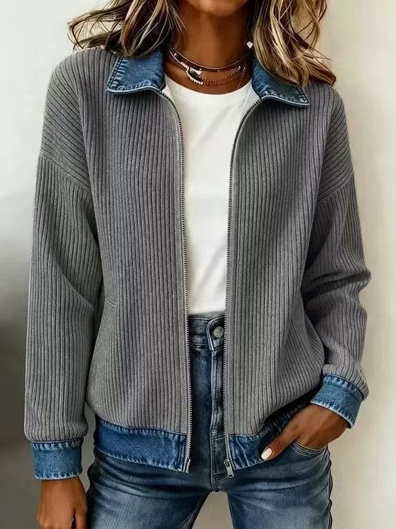 Women's Knit Denim Patchwork Button-Front Shirt Jacket