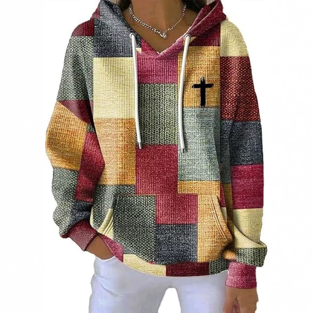 Women's Cross Colorblock Print Casual Hoodie