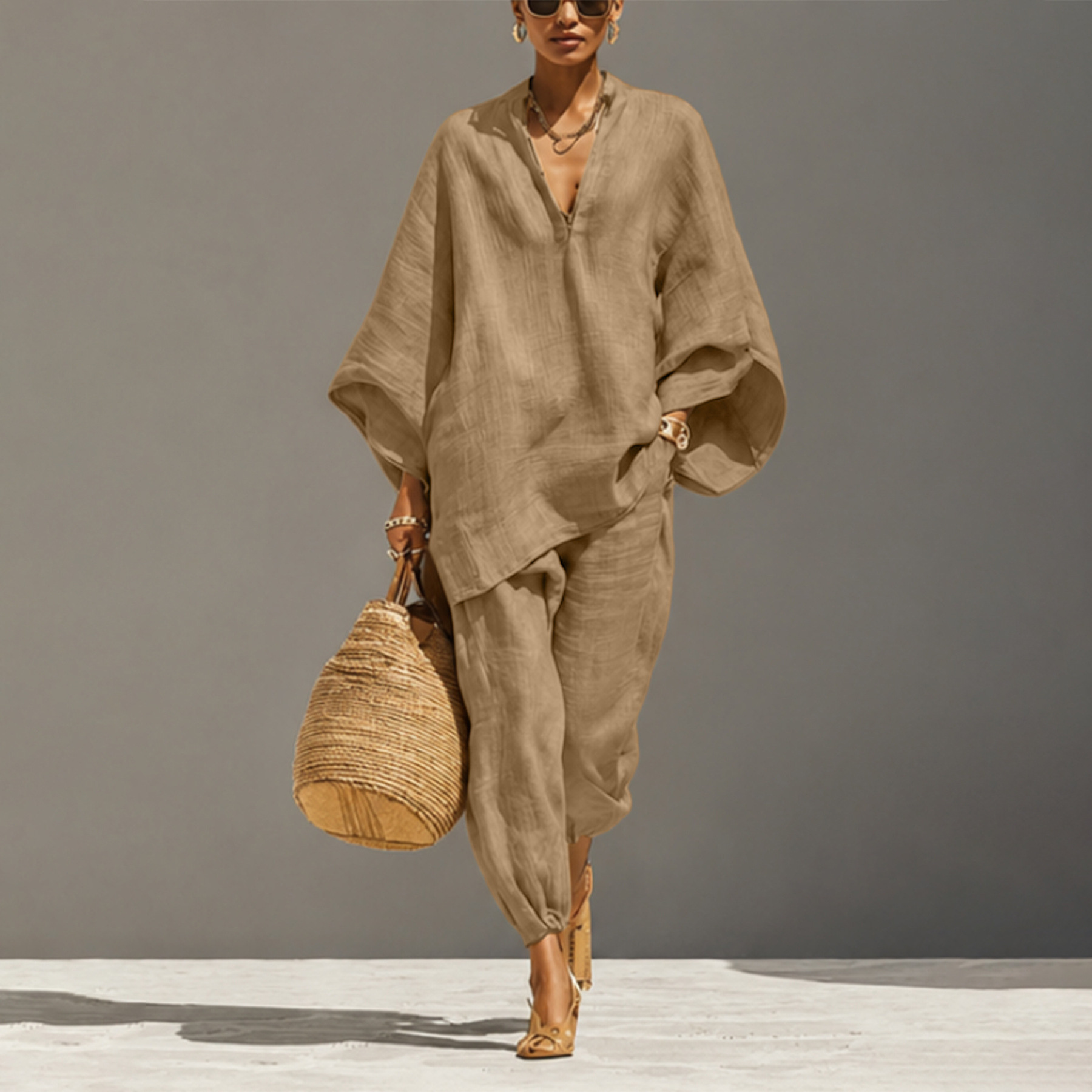 Women's Batwing Sleeve V-Neck Loose Casual Two-Piece Set