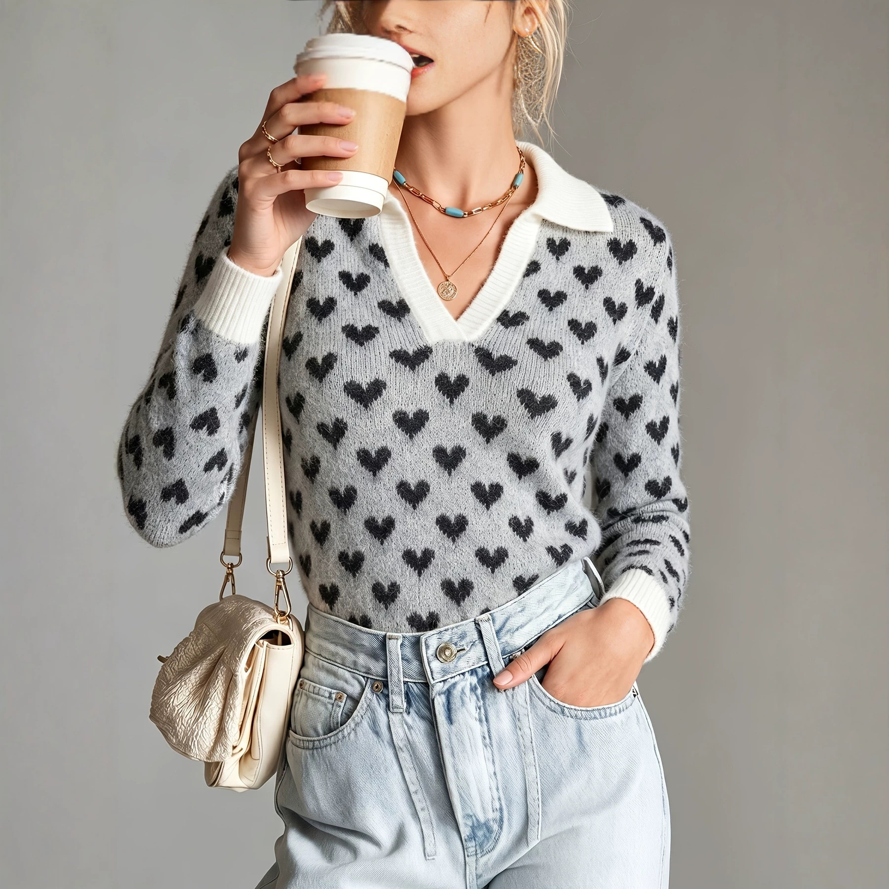 Women's Black and White Heart Jacquard Knit Sweater with Collar