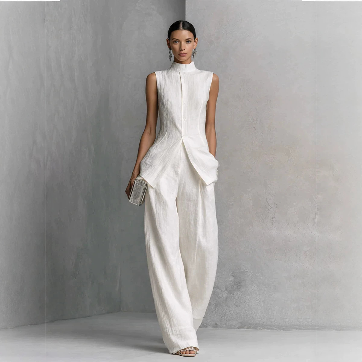 Women's Sleeveless Blouse and Pants Set Solid Color Drapey Two-Piece Outfit