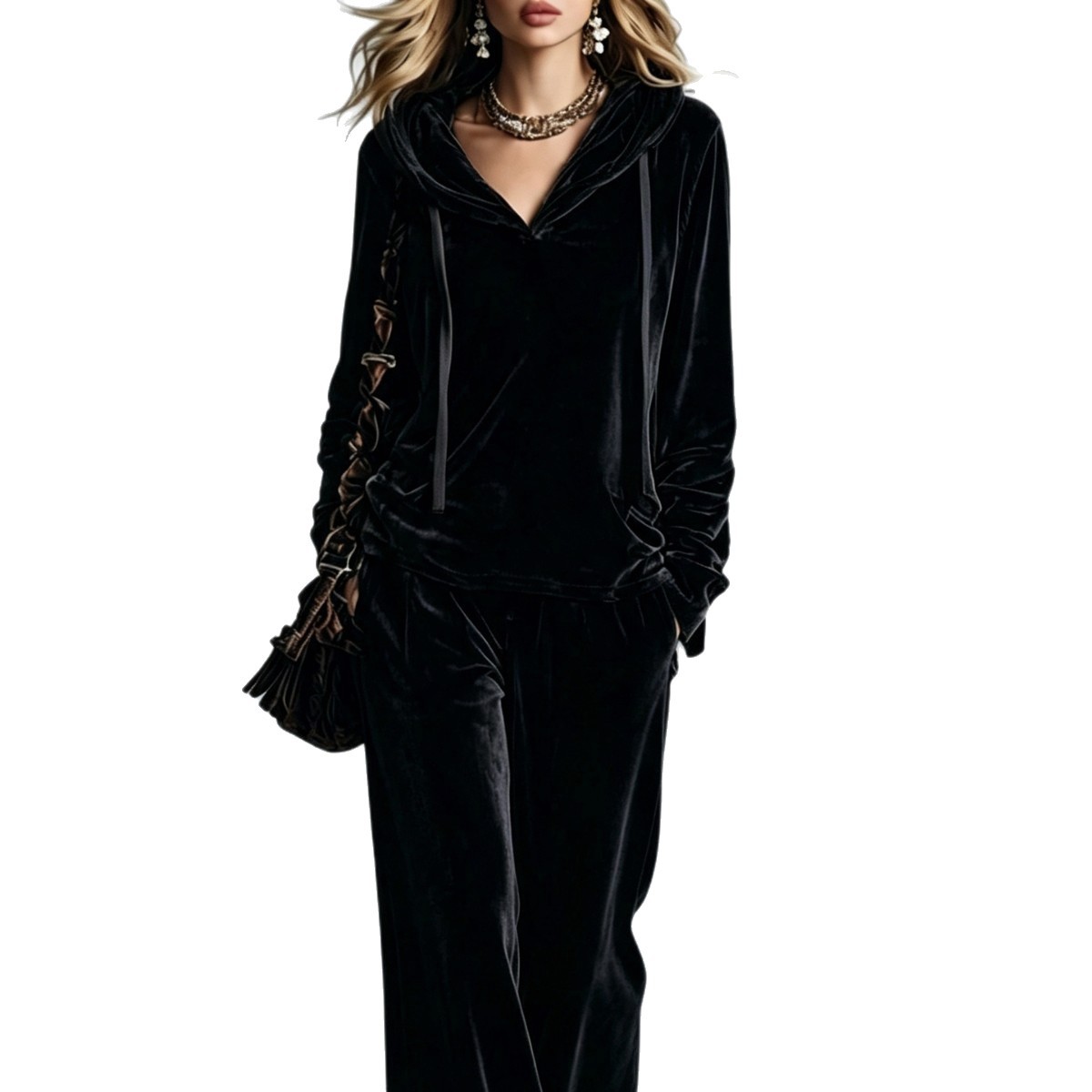 Women's Solid Korean Velvet Hoodie & Wide-Leg Pants Set