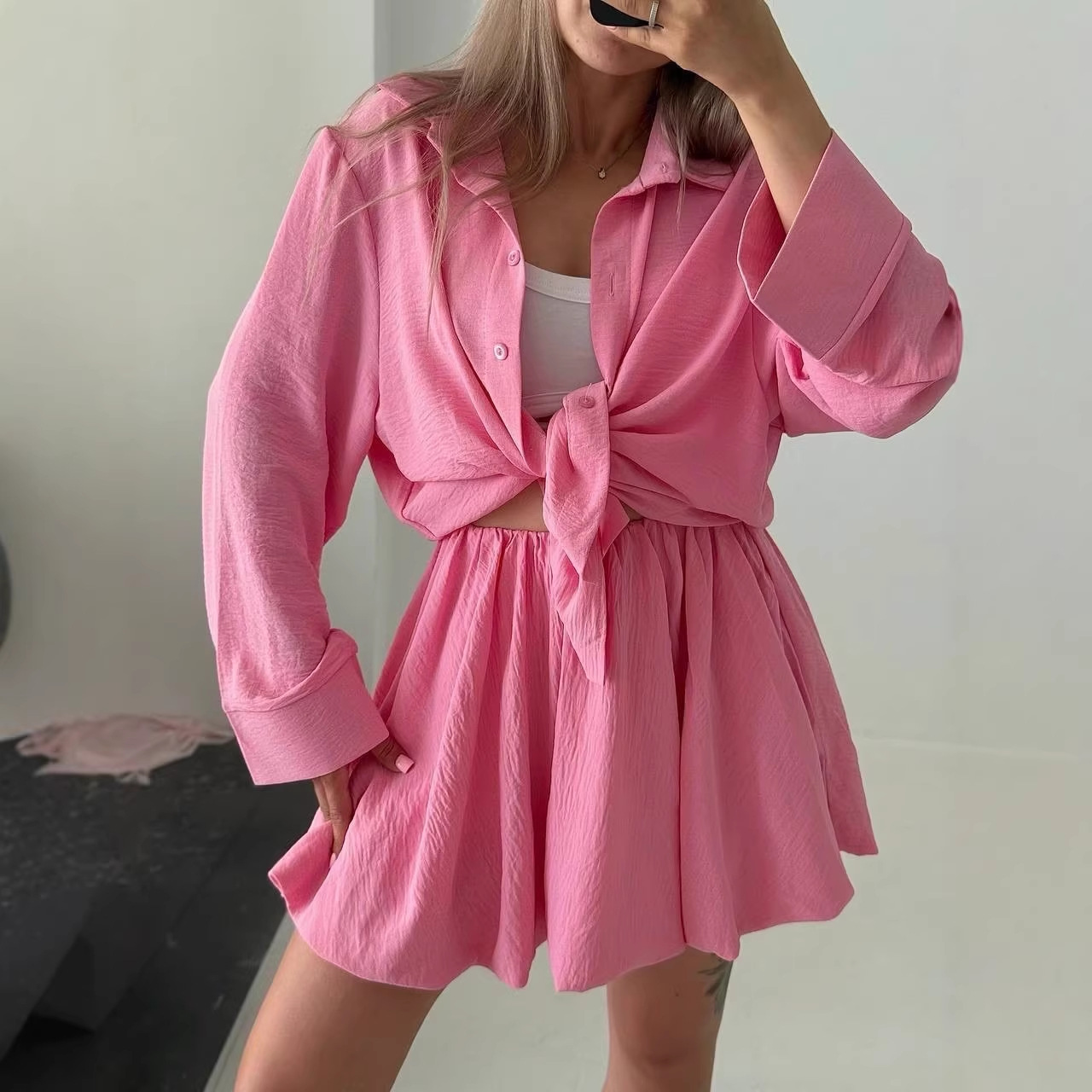 Women's Long Sleeve Ruffle Shirt and Shorts Casual Set