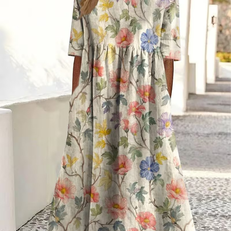 Women's Vintage Floral Print Pleated Midi Dress