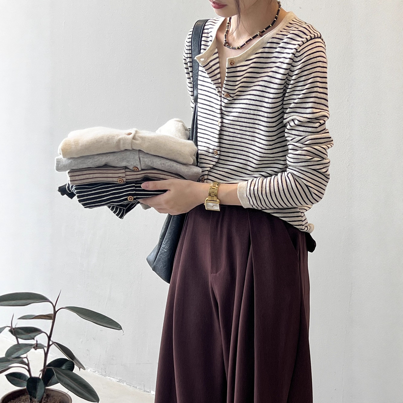 Women's Color-Block Striped Knit Cardigan Crewneck Lightweight Sweater Coat