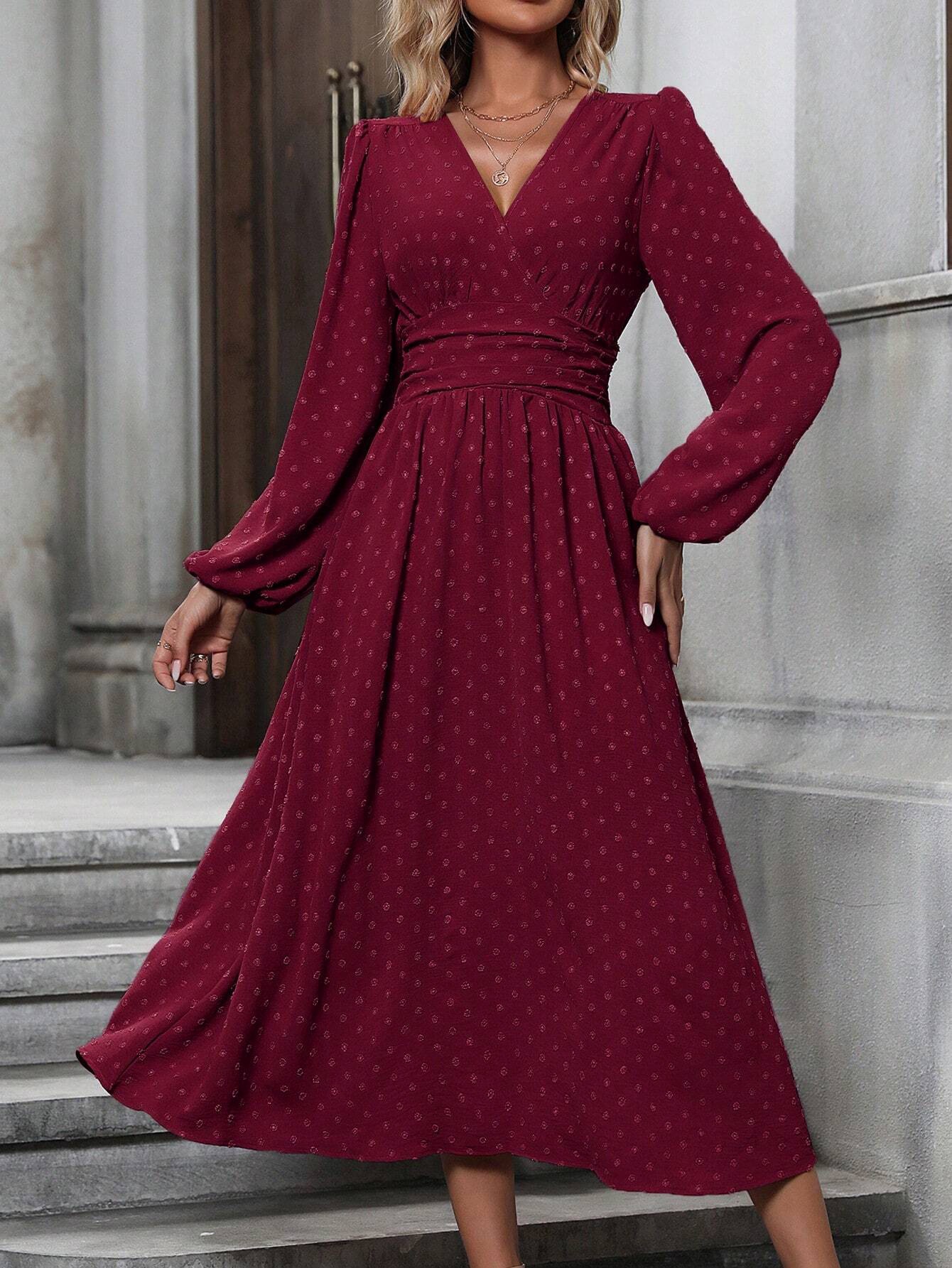 Women's Asymmetric V-Neck Lantern Sleeve Ruched Waist Midi Dress