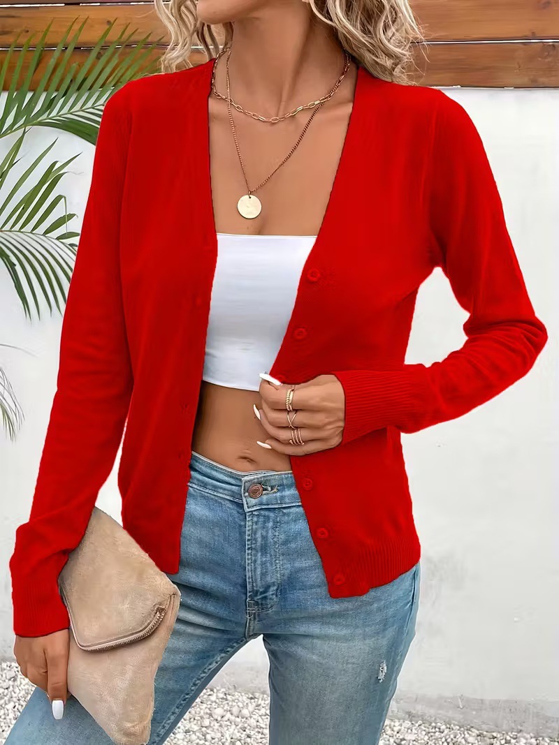 Women's Solid V-Neck Button-Front Knit Cardigan