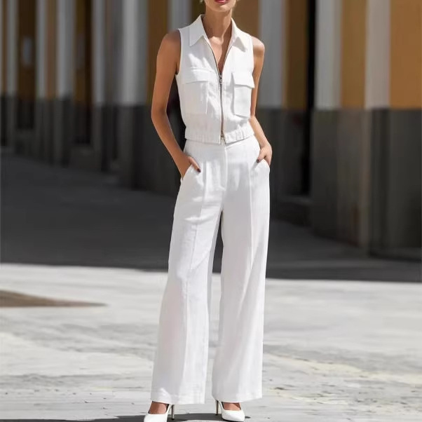 Women's Sleeveless Zip Cargo Top & Wide-Leg Pants Set