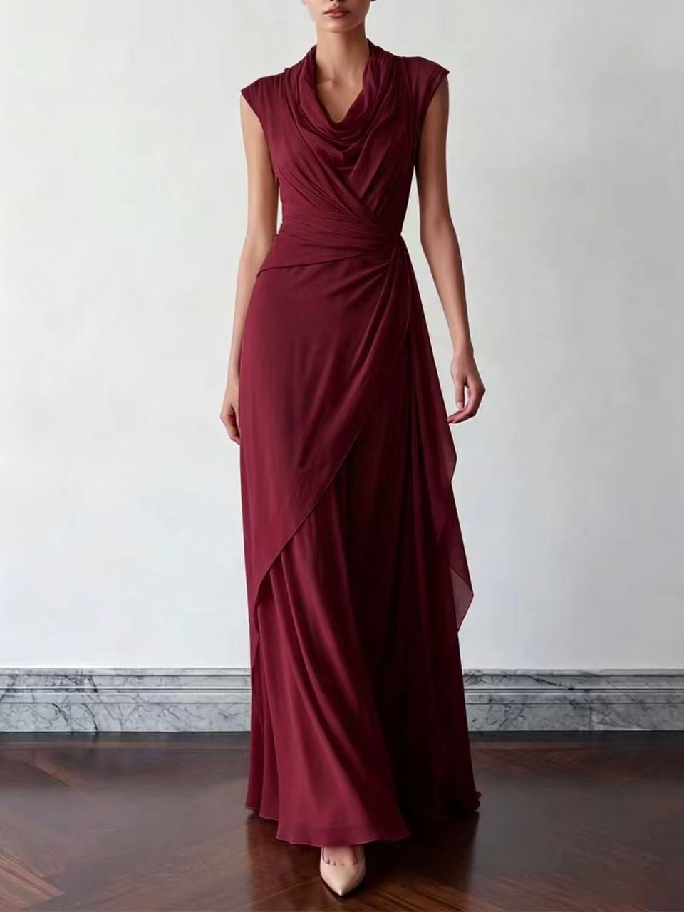 Women's Draped Neck Sleeveless Ruched Chiffon Maxi Dress