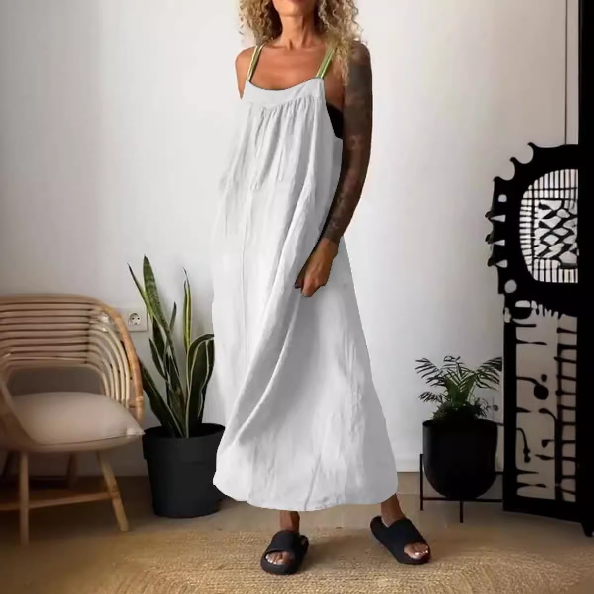 Women's Cotton Linen Sleeveless Pinafore Dress Casual Solid Color Long Dress
