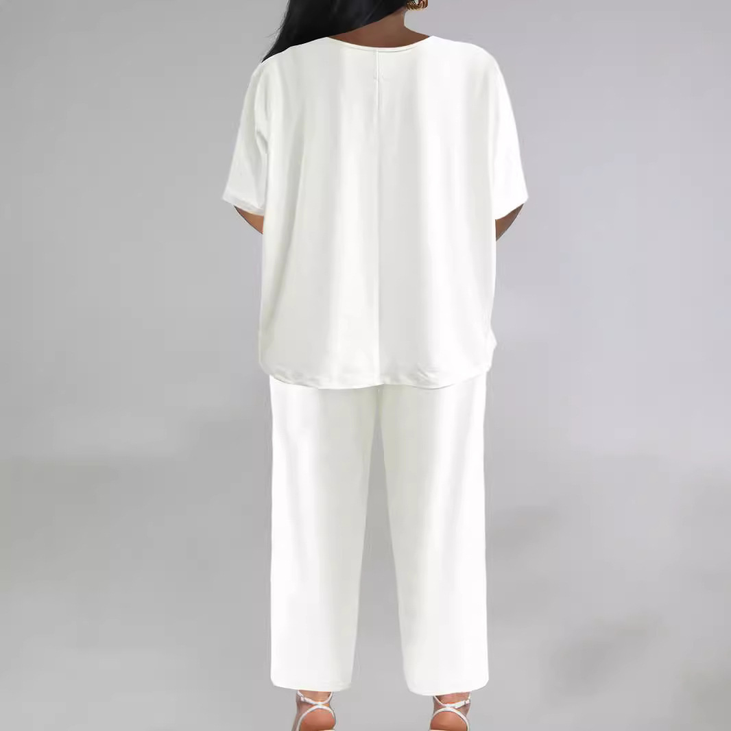 V-Neck Batwing Sleeve Solid Color Loose Wide-Leg Pants Set Women
