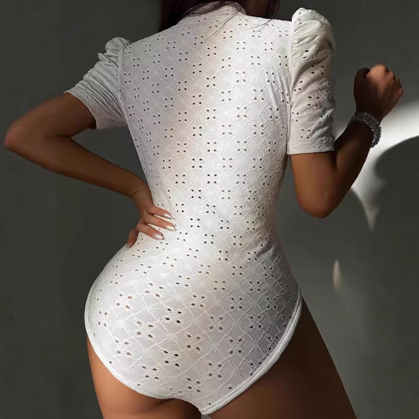 Women's Hollow Embroidered Jacquard Solid Color Bodysuit Beach Resort Top