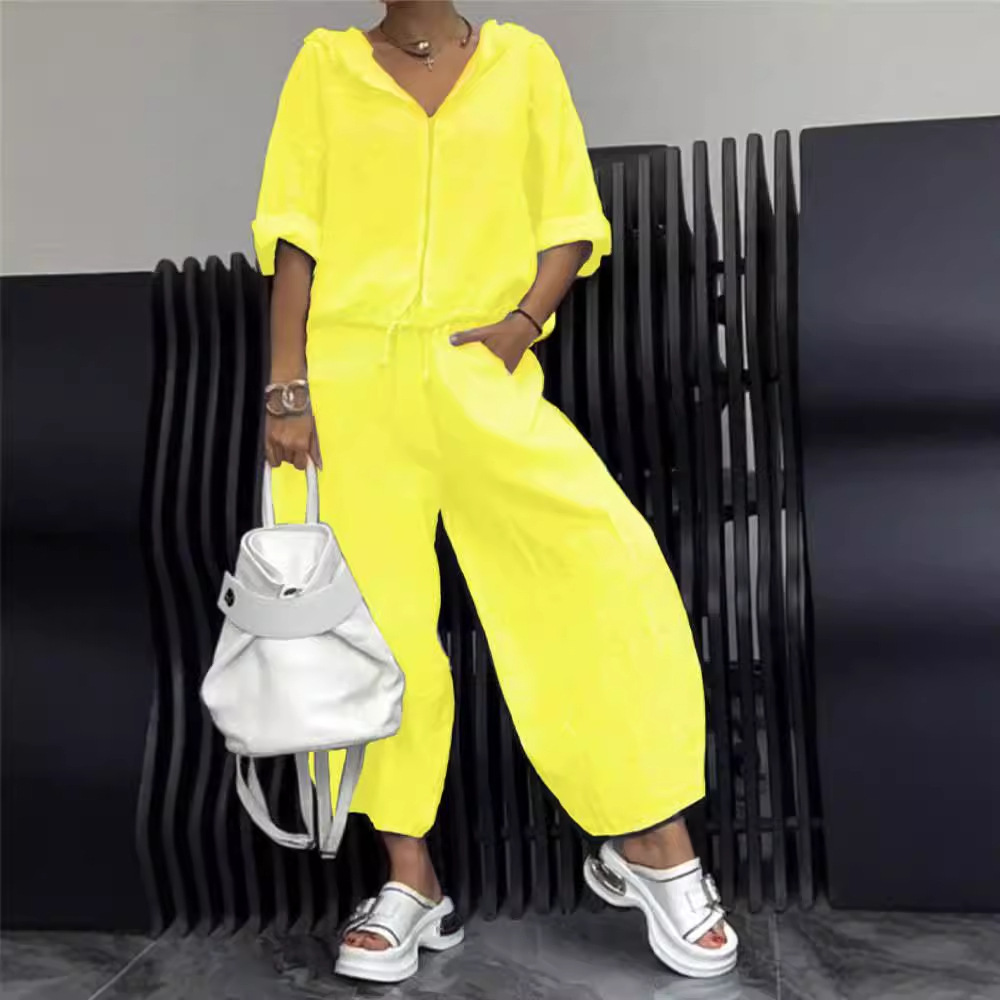 Women's Zip-Up Hooded Cotton-Linen Long Sleeve Top and Pants Set
