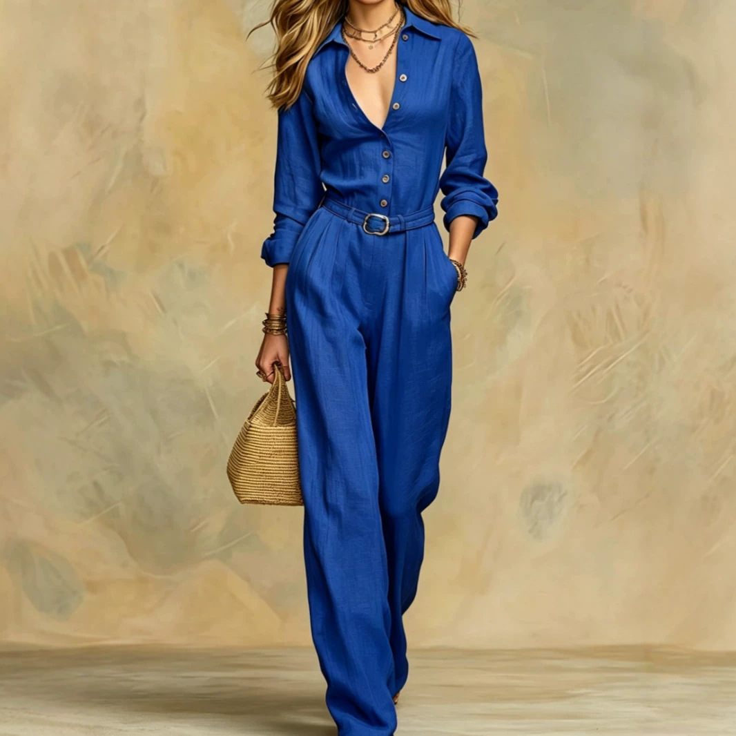 Elegant Solid Color Long Sleeve Jumpsuit Set with Belt