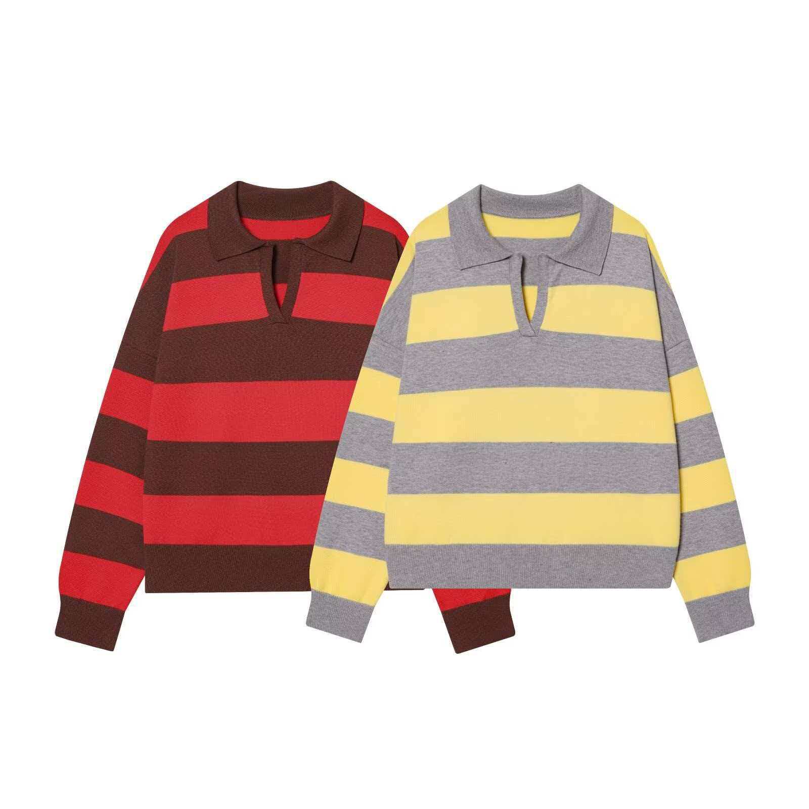Retro Colorblock Striped Polo Neck Knit Sweater