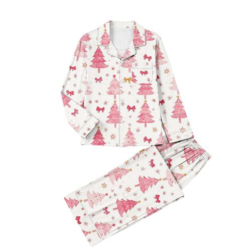 Women's Cuban Collar Christmas Snowflake Print Long Sleeve Shirt Set