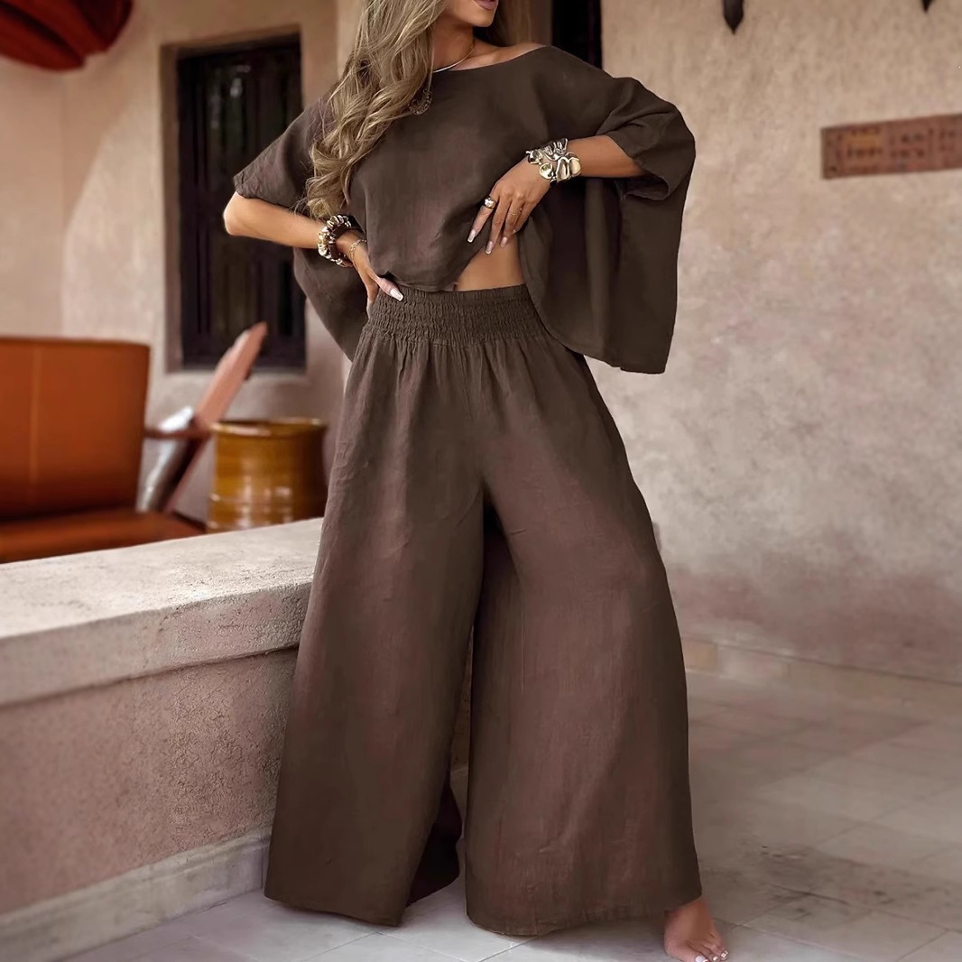 Women's Solid Color Off-Shoulder Bell Sleeve Top Set Casual Loose Summer Two-Piece