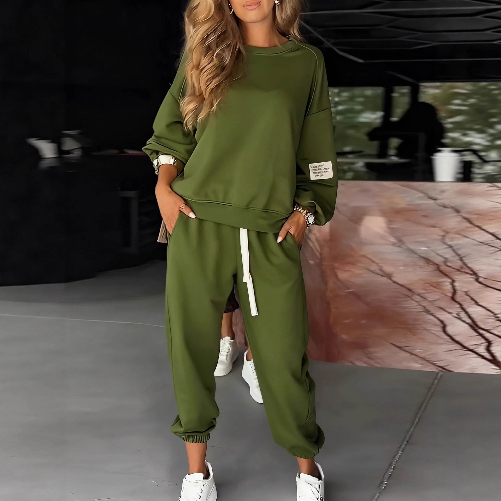 Women's Knit Two-Piece Set Long Sleeve Top & Wide-Leg Pocket Pants
