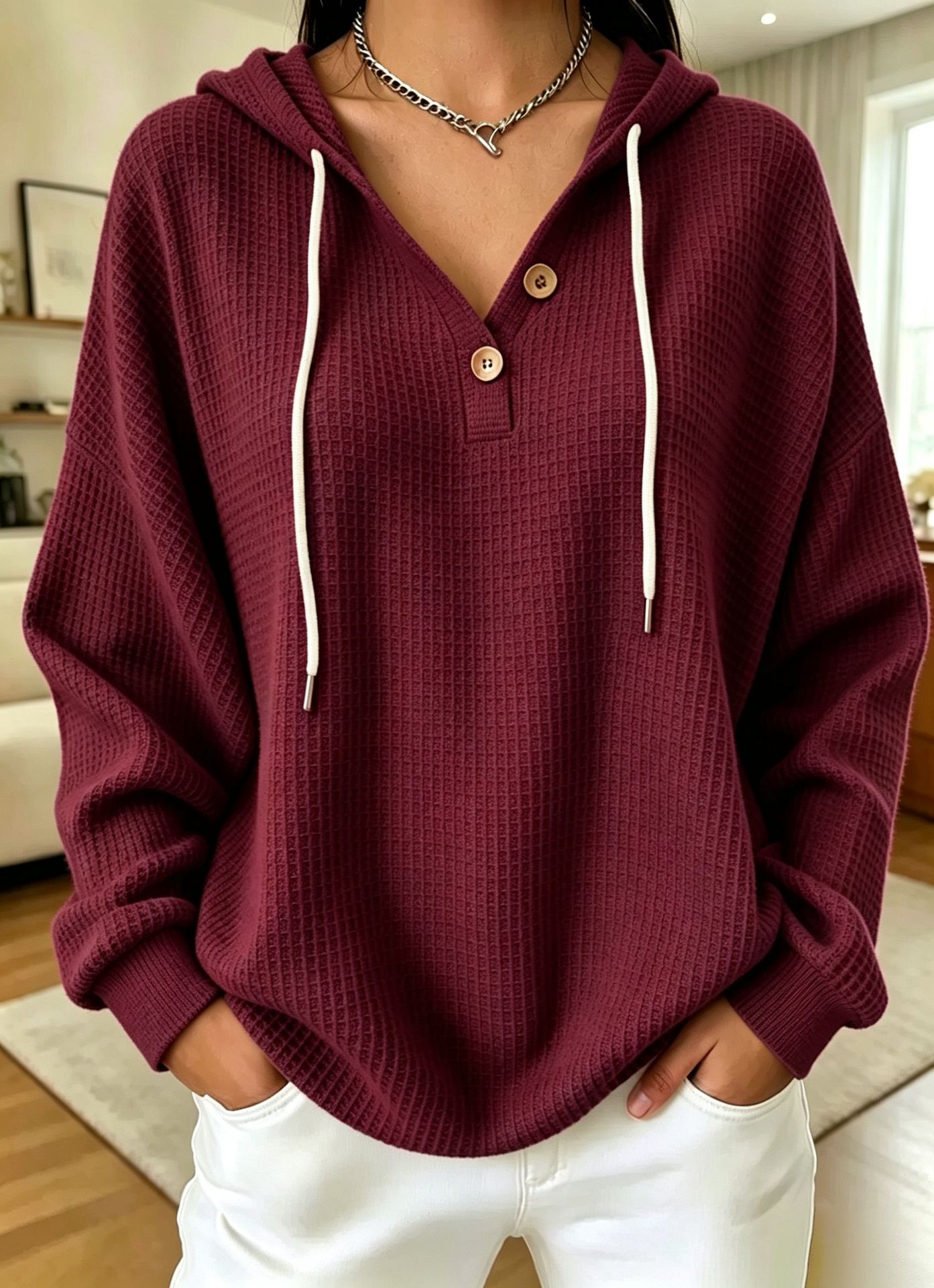 Women's Waffle Knit Drawstring Hoodie Oversized Pullover