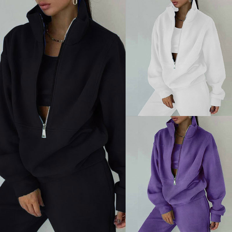 Women's Fleece-Lined Zip-Up Sweatsuit Set Casual Sporty Two-Piece