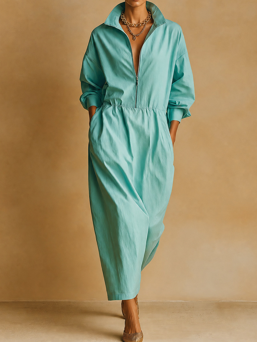 Women's Stand Collar Loose Pocket Midi Dress