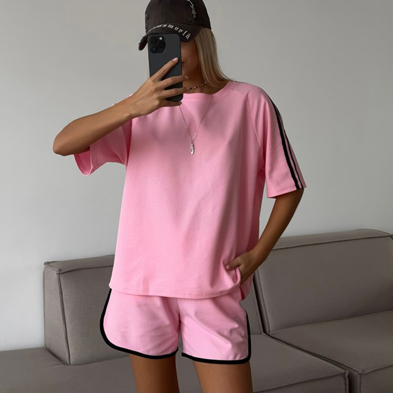 Women's Casual Two-Piece Shorts Set Solid Crew Neck Short Sleeve T-Shirt and Shorts