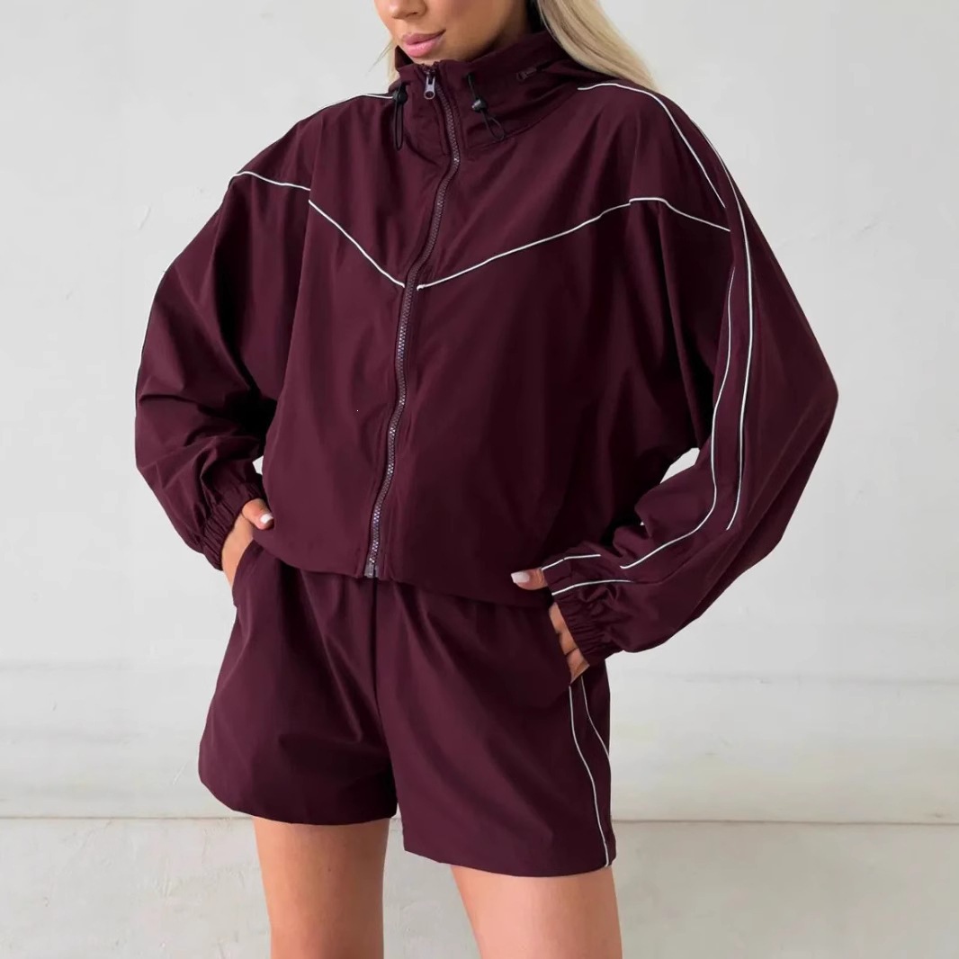 Women's Solid Color Zip-Up Cardigan and Elastic Shorts Two-Piece Set