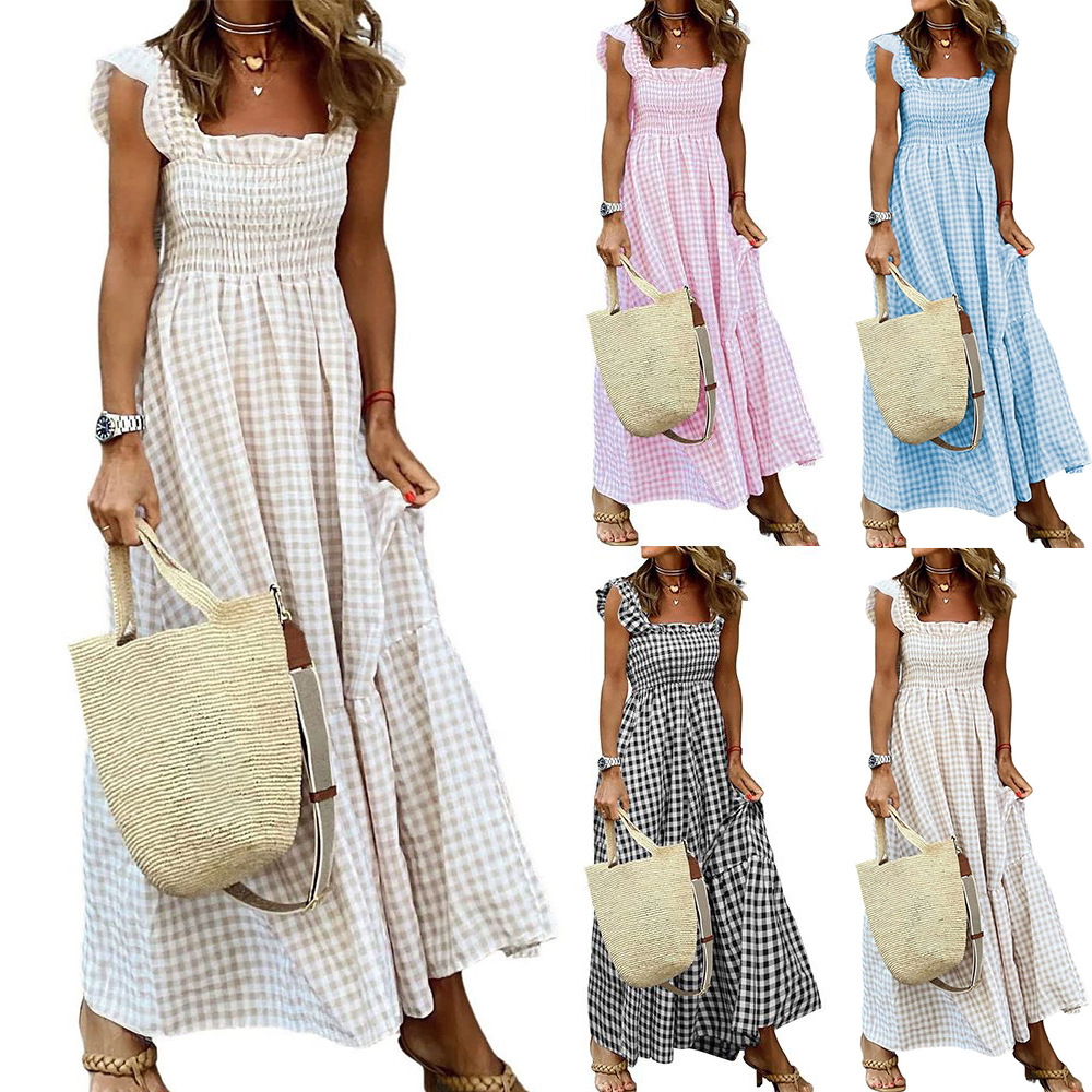 Square Neck Plaid Smocked Maxi Dress