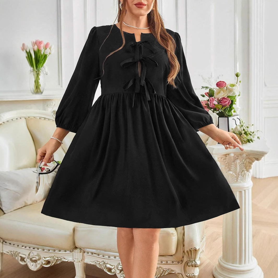 Plus Size Women's Long Sleeve A-Line Dress with Chest Tie Detail
