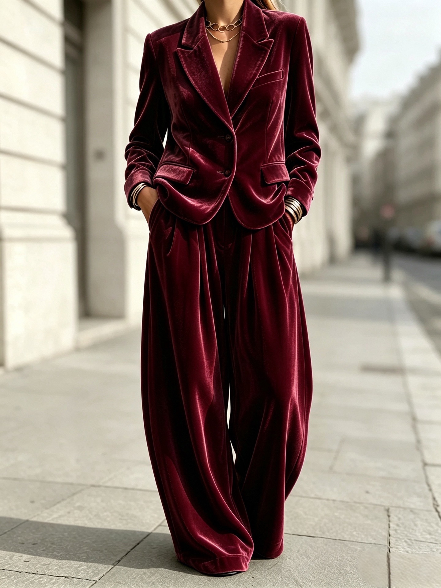 Velvet Two-Piece Blazer and Wide-Leg Pants Set
