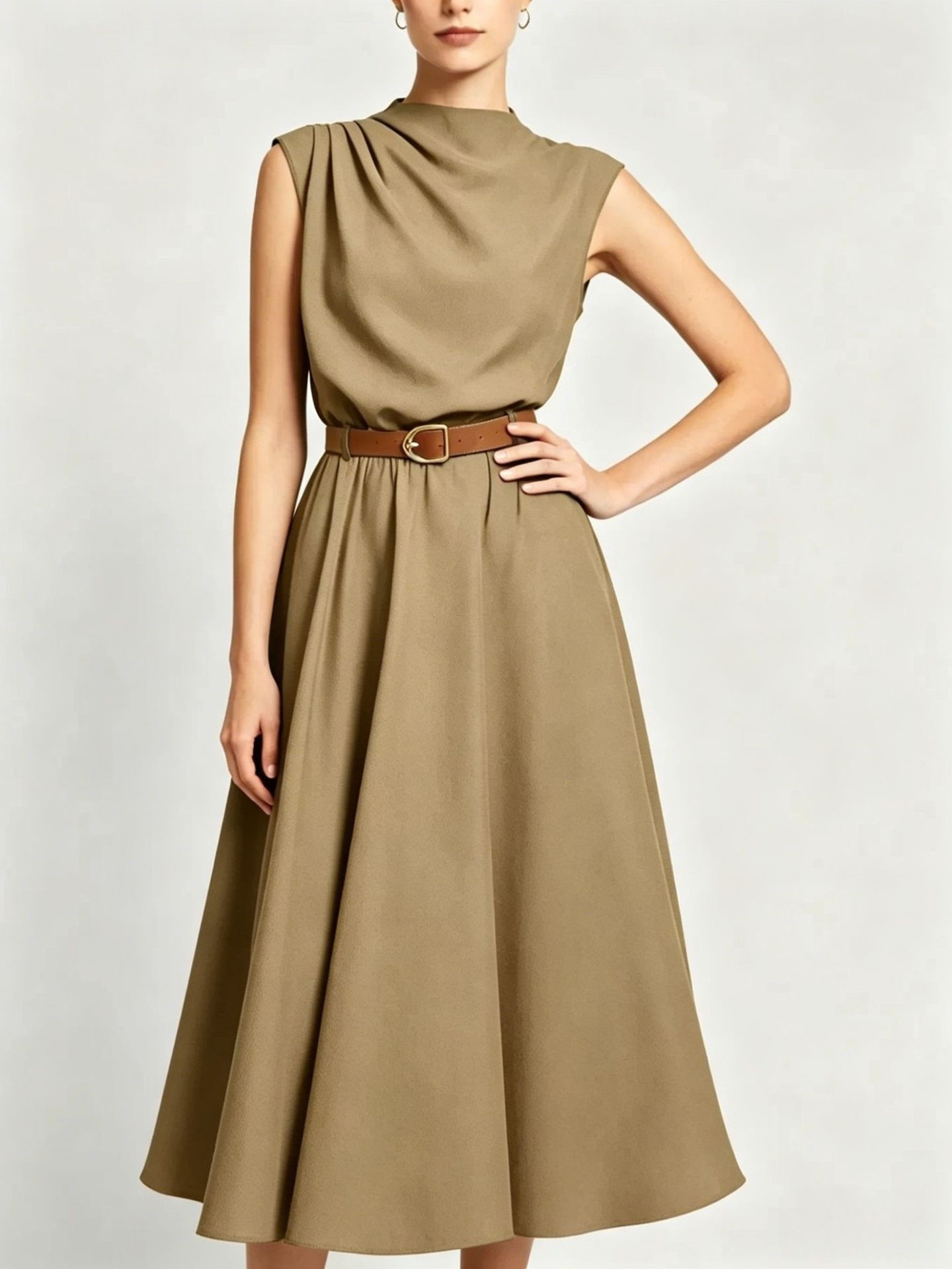 High Neck Sleeveless A-Line Midi Dress with Side Ruching and Belt
