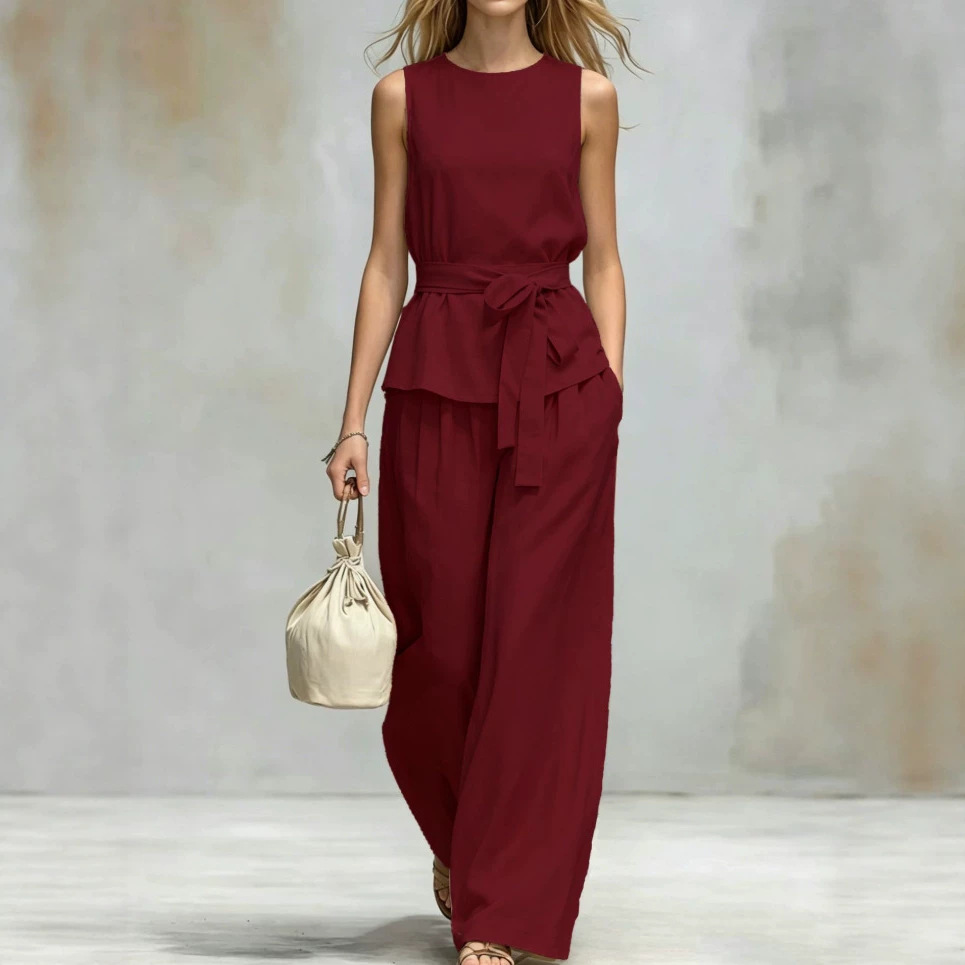 Women's Sleeveless Cotton-Linen Two-Piece Set with Belt