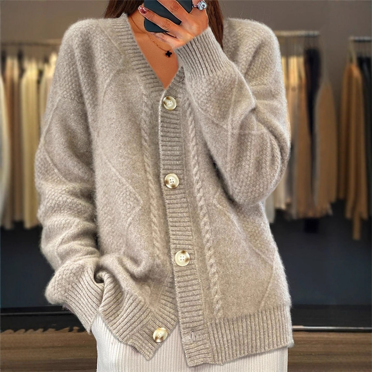 Women's Solid V-Neck Button-Front Knit Cardigan Long Sleeve
