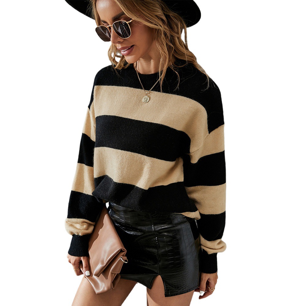 Striped Plus Size Pullover Slimming Knit Sweater Women's Long Sleeve Round Neck