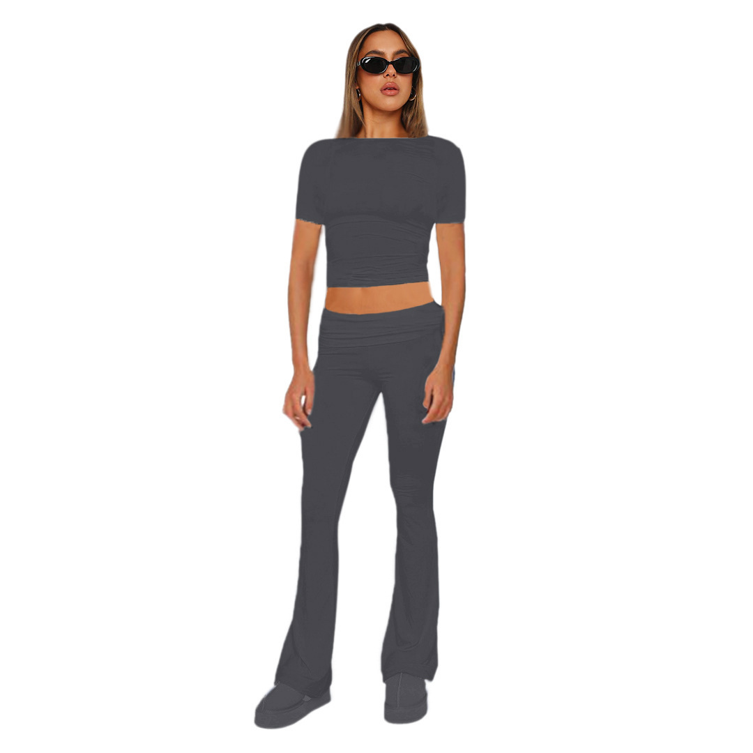 Women's Solid Color Long Sleeve Top and Pants Two-Piece Set