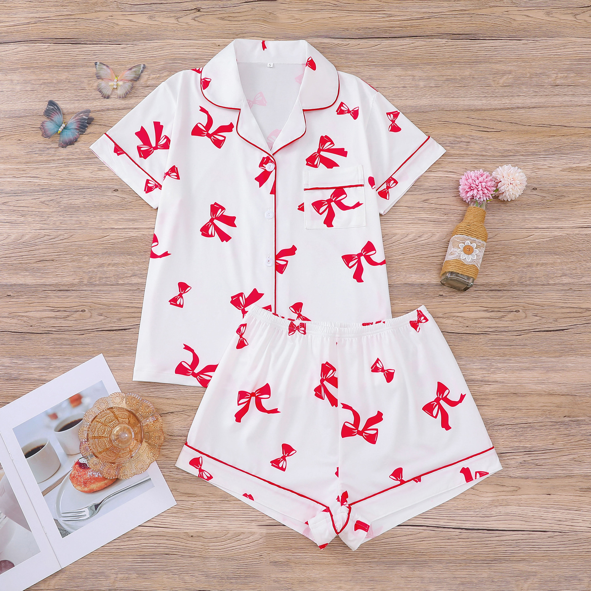 Women's Cuban Collar Bow Print Short Sleeve Shirt Set